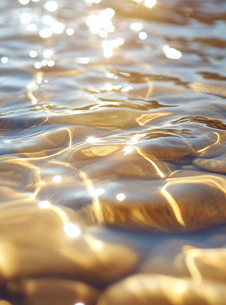 Reflets lumineux sur l'eau et les galets, illustration des bénéfices d'un nettoyage énergétique pour retrouver sérénité et harmonie.