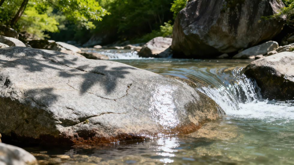 Ruisseau lumineux entre les rochers, illustration d'une géobiologie de l'habitat sur site et d'un lieu rééquilibré.