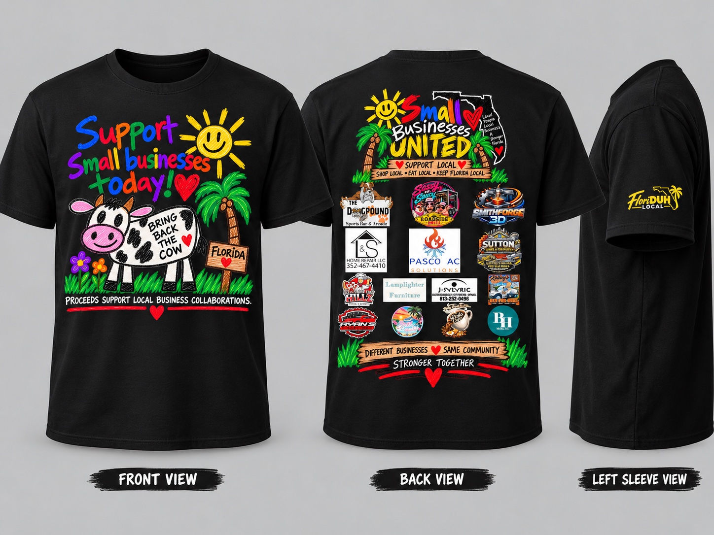 Zephyrhills Small Businesses United Tee front, back, and left sleeve mockup