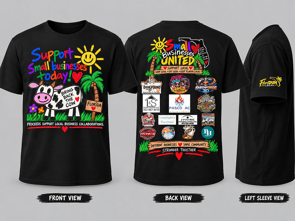 Zephyrhills Small Businesses United Tee front, back, and left sleeve mockup