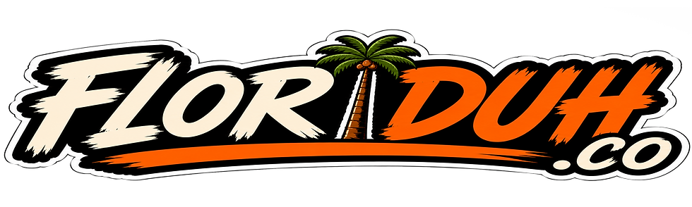 FLOR DUH.co logo with a palm tree over the letters, in cream and orange on black.