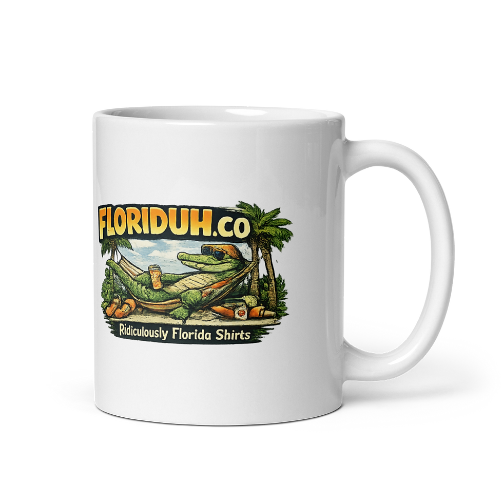 White glossy mug with Floriduh.co alligator logo
