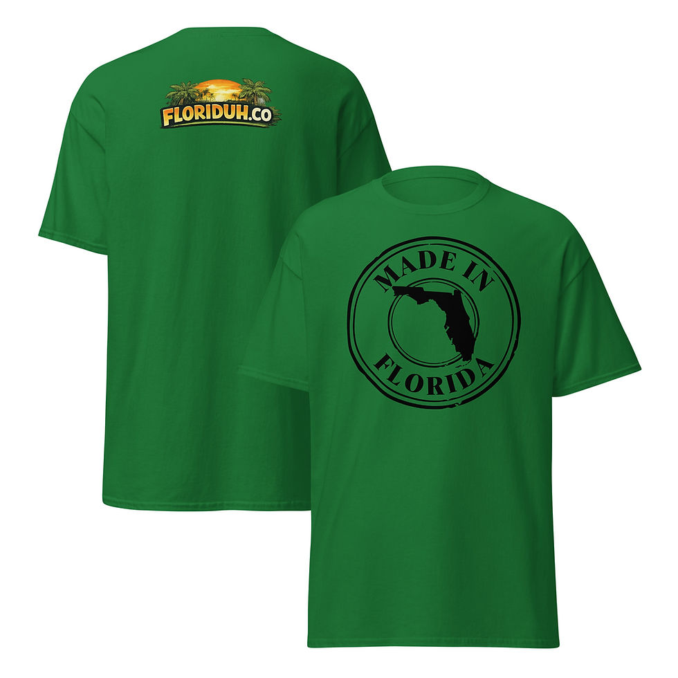 Green Made in Florida classic tee, front and back views