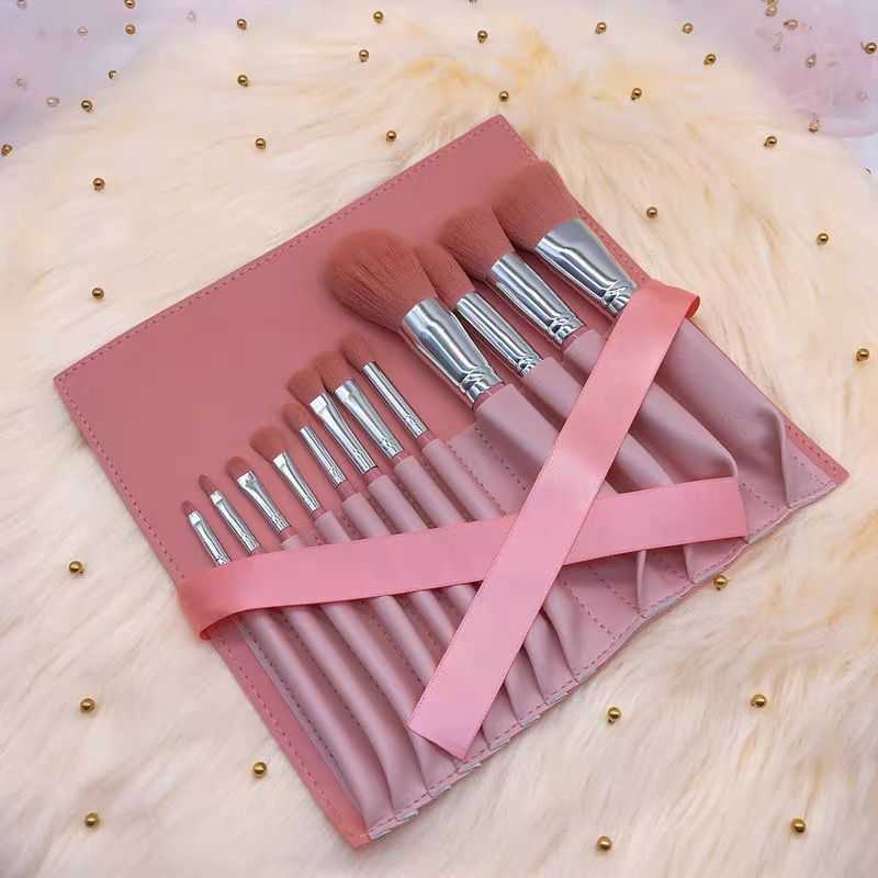 Pink 12pcs Soft Makeup Brush With Rolling Pouch