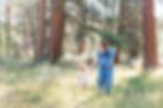 Expecting mother and son walking in the forest holding hands