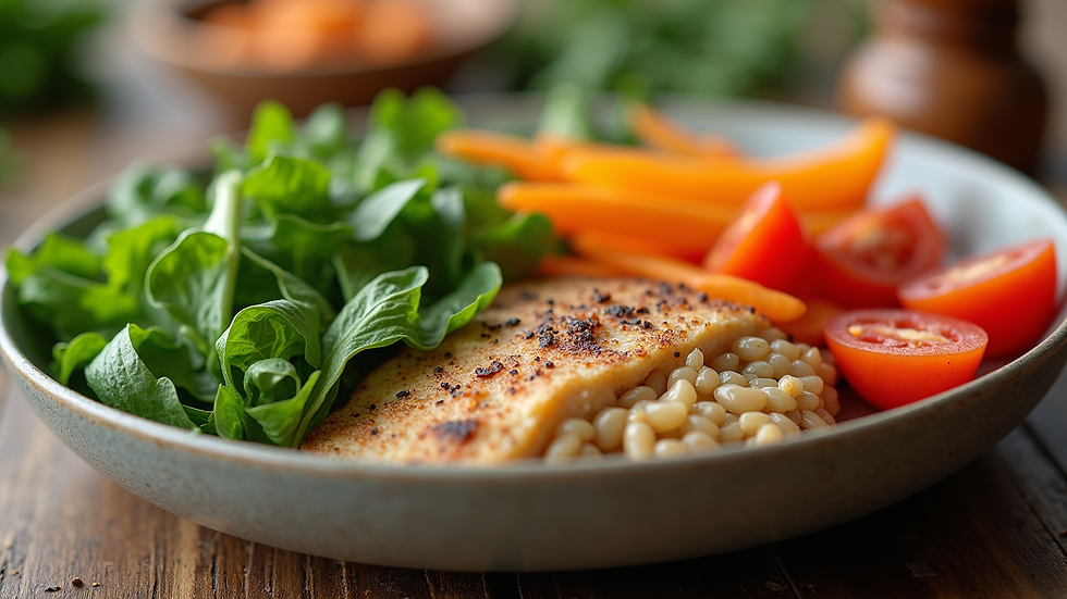 Close-up view of a balanced meal with vegetables, protein, and grains