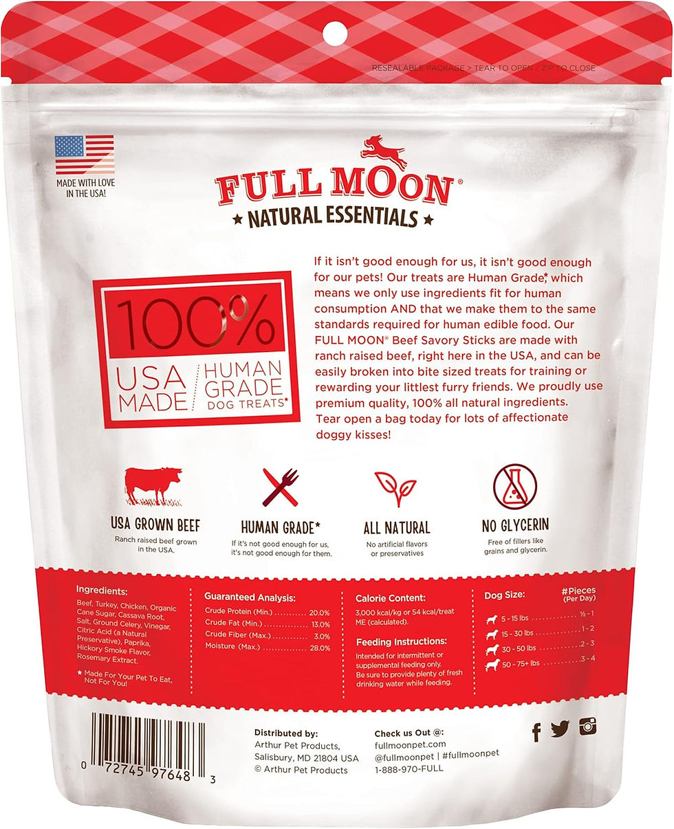 Full Moon All Natural Human Grade Dog Treats, Essential Beef Savory Sticks, 14 