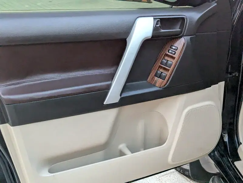 Miniature : Intérieur de porte de voiture avec poignée argentée et commandes de fenêtre.