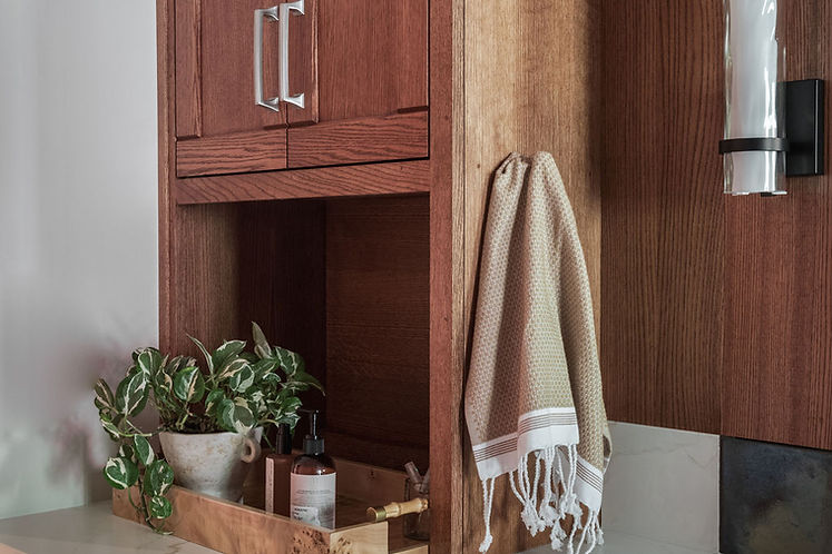 simopoulos designs, sacramento interior designer, crafstman bathroom, stained rift cut oak