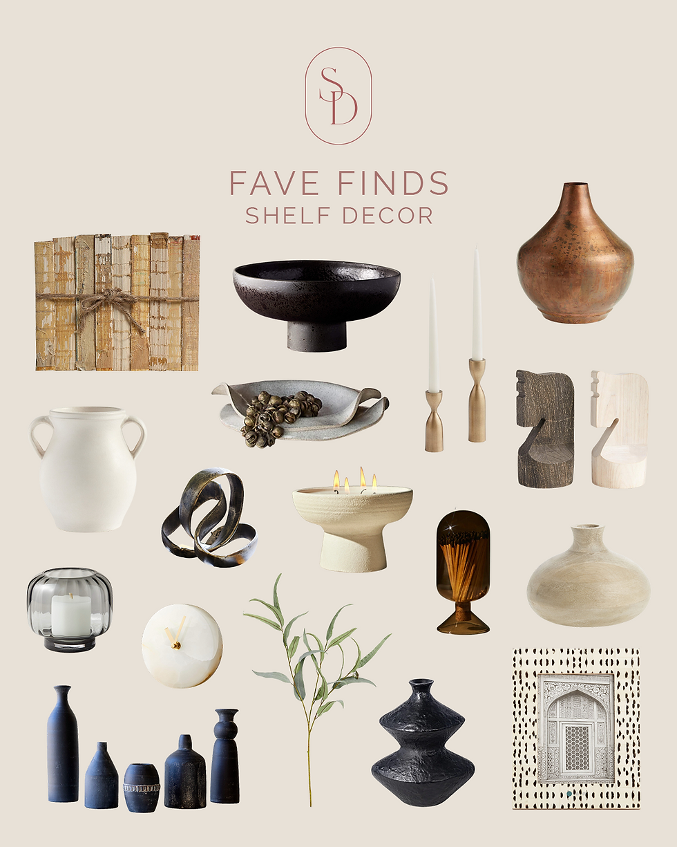 a collage of shelf decor items including book ends, books, vases, and frames