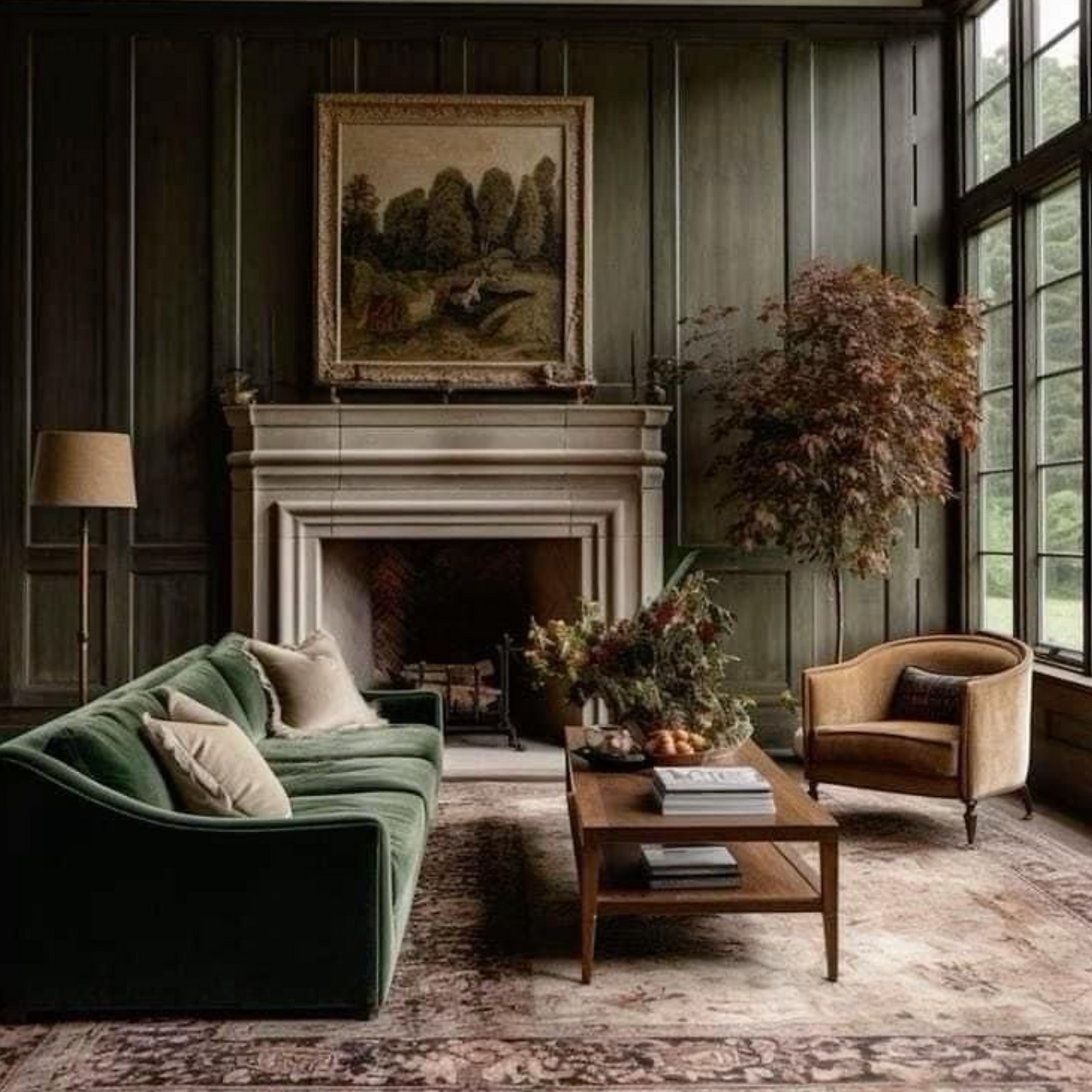 fall trends, fall home decor, fall 2024 home trends, moody room, olive paint color, paint color inspiration, 
