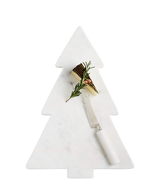 Crate and Barrel White Marble Holiday Tree Cheese Board with Knife