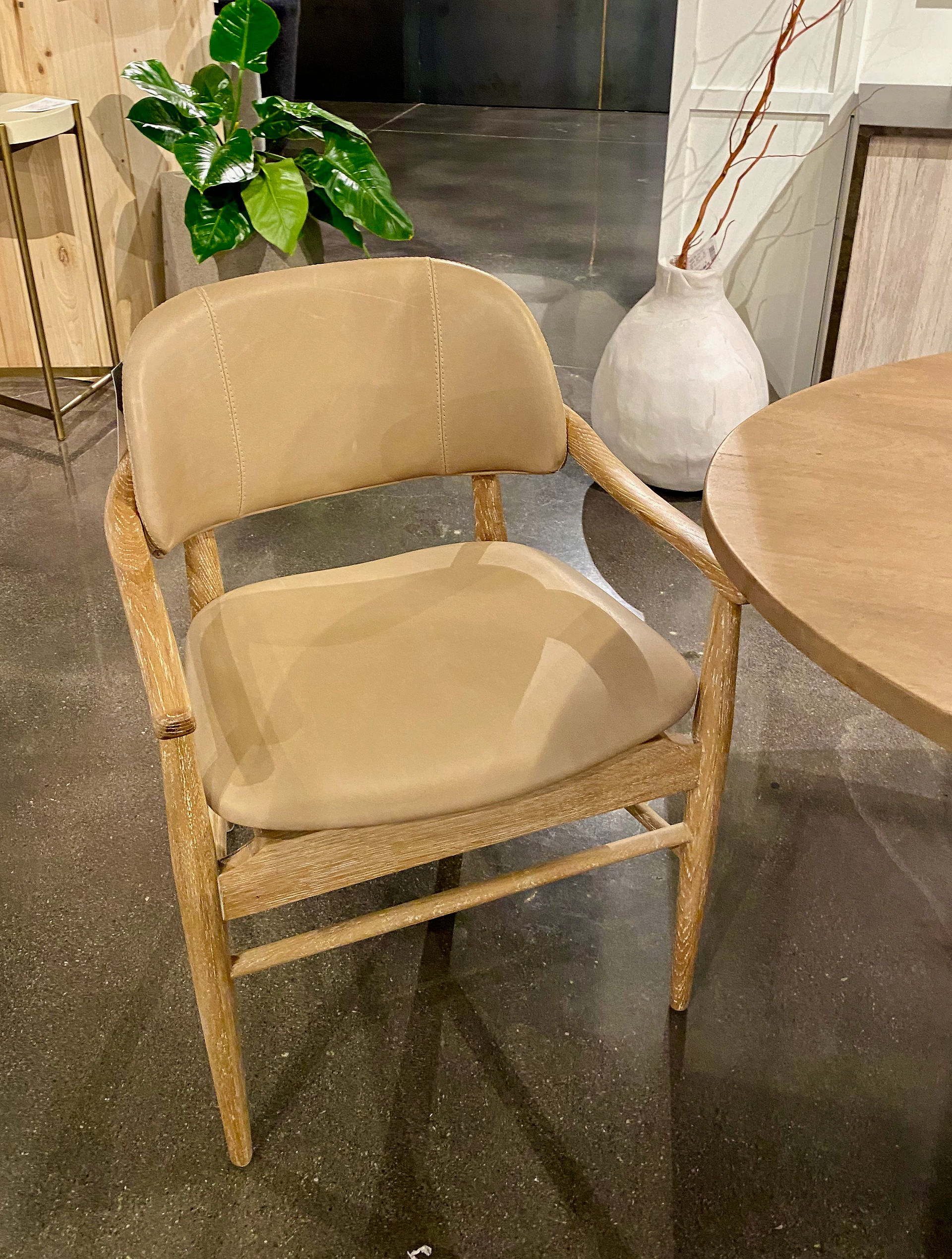 camel leather dining chair, wood and leather chair
