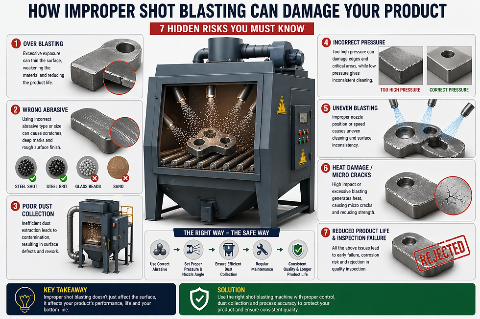 Improper shot blasting defects showing surface damage, cracks and uneven finish in industrial components
