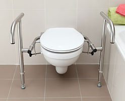 Throne Bariatric Rail, polished stainless steel on a standard toilet