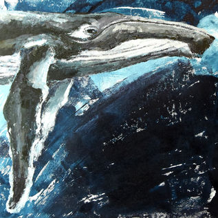 Artwork of a humpback whale rising through deep blue water with expressive textures and ocean-inspired colors.