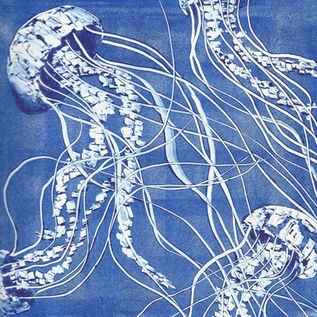 Artwork of a jellyfish drifting through blue water with flowing shapes, textured brushwork, and ocean-inspired colors.
