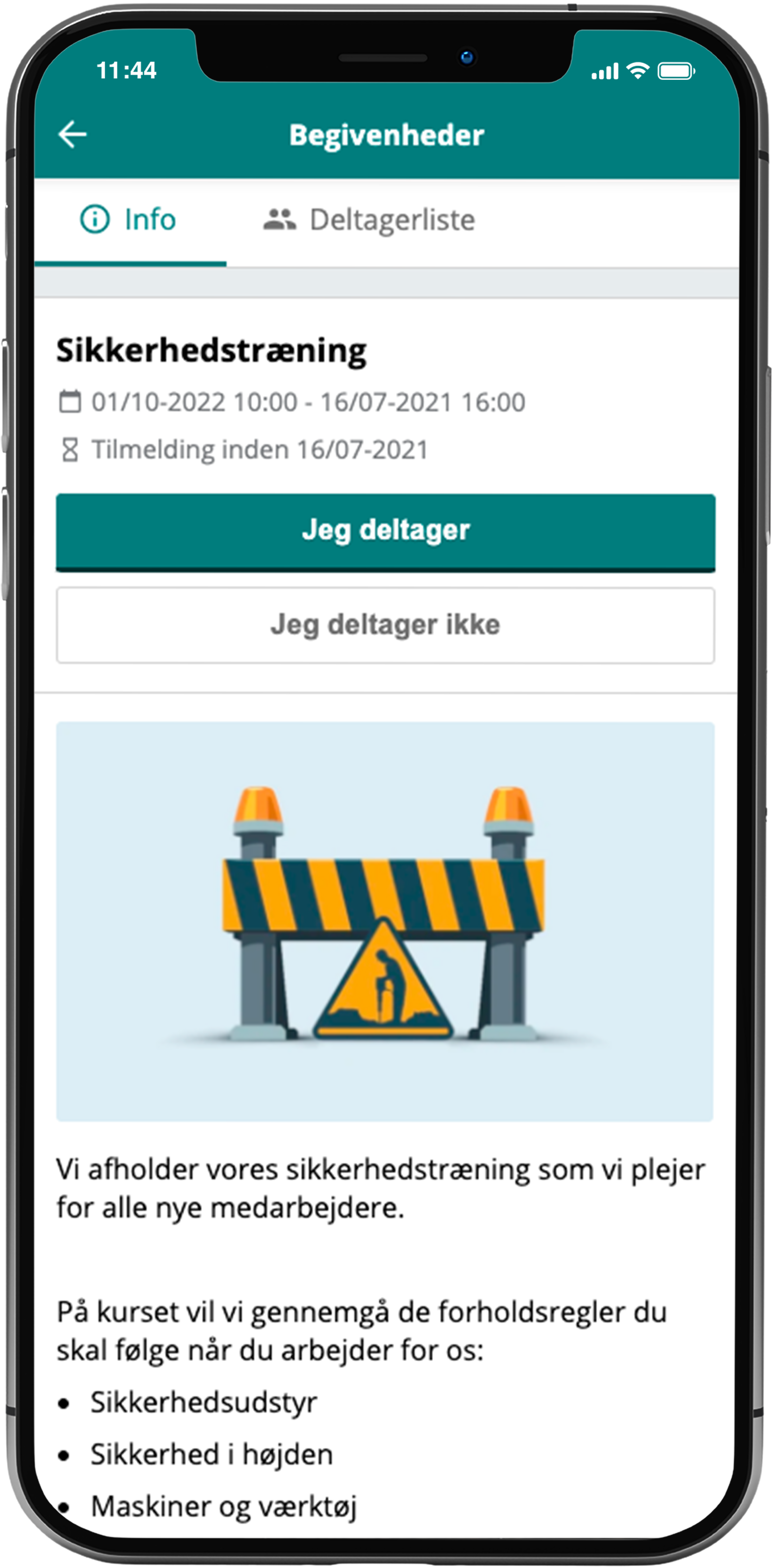 Tilmelding af firma begivenheder og arrangementer i en app