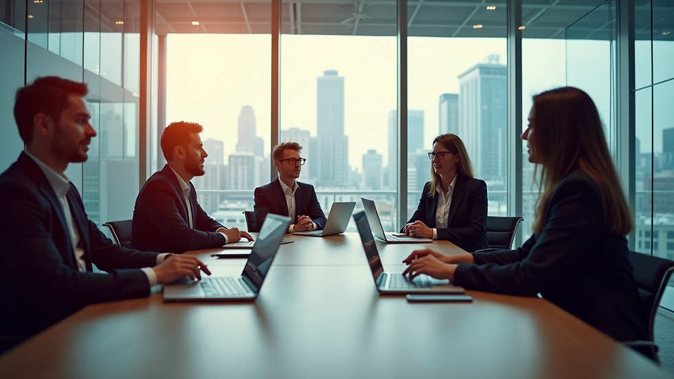 Eye-level view of a modern office meeting room with sales team discussing strategy