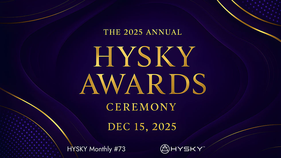 Purple and gold graphics announce the 2025 Annual HYSKY Awards Ceremony on Dec 15, 2025. Elegant design with curved lines.