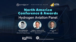 Event poster for North America Conference & Awards, featuring Hydrogen Aviation Panel. Includes three speaker portraits and logos on blue background.