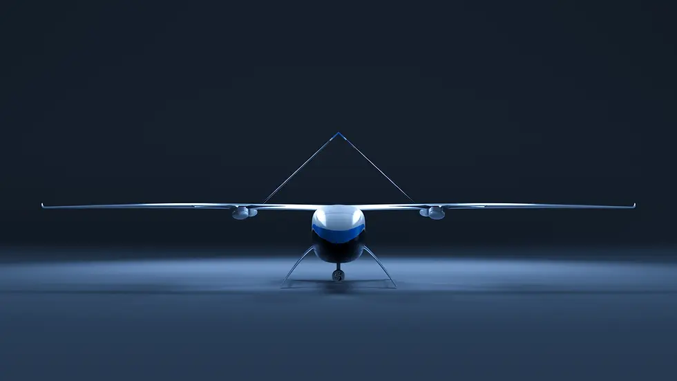 odonata pantala drone Sleek white and blue futuristic airplane viewed from front against a dark backdrop, displaying wide wingspan and streamlined design.