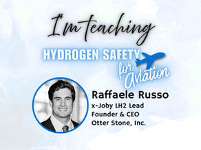 Portrait of a man with text "I'm teaching HYDROGEN SAFETY for Aviation" and "Raffaele Russo, x-Joby LH2 Lead, CEO Otter Stone, Inc." on a light background.