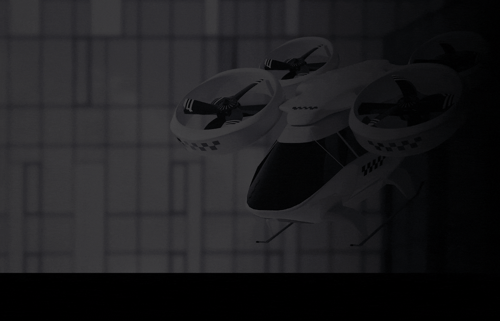 Futuristic aerial taxi with four rotors flying in a city with grid-patterned buildings in the background, black and white theme.