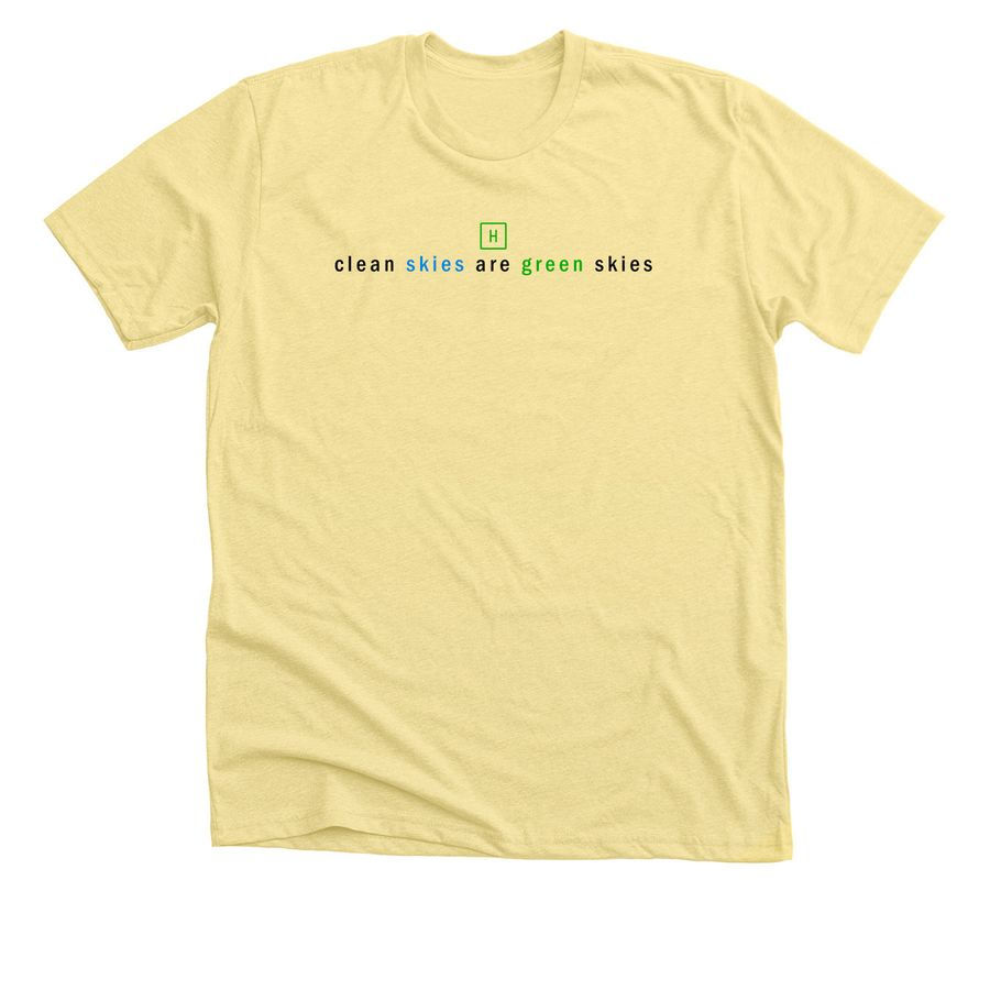 a yellow hydrogen aviation shirt hat says "clean skies are green skies" and has a hydrogen symbol