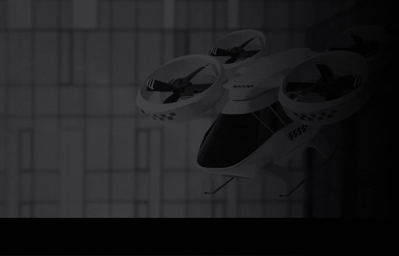 Futuristic drone taxi with four rotors hovers near a modern glass building. Sleek design with checkered patterns, ambient lighting.