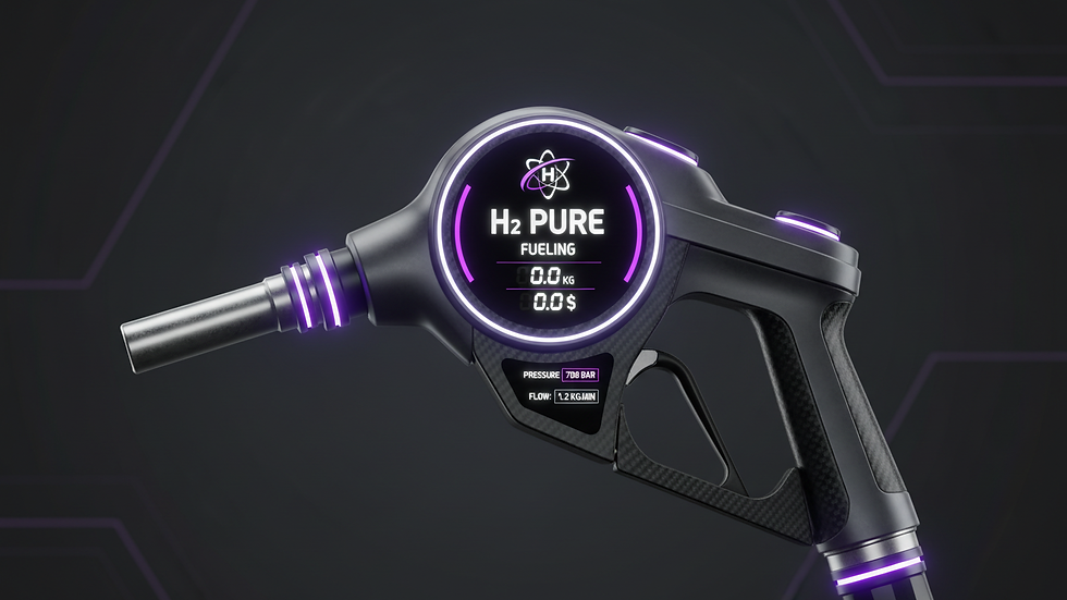 Close-up view of a hydrogen fuel dispenser nozzle at a fueling station