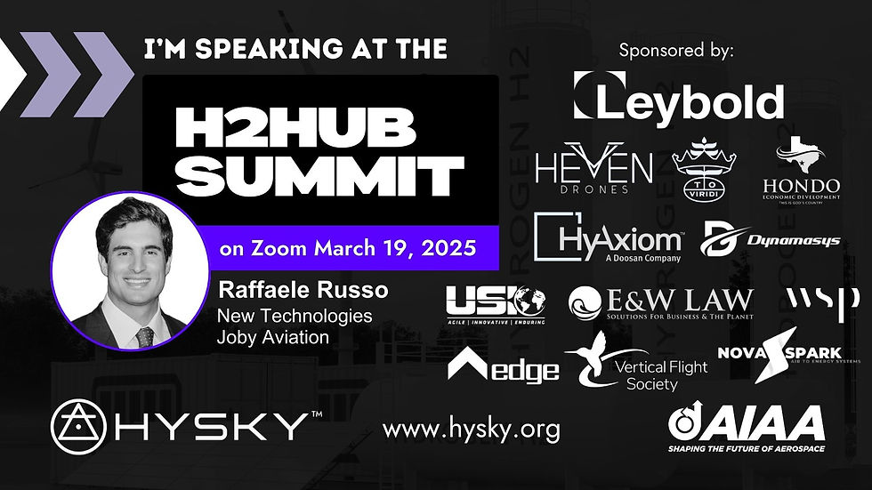 Announcement for the H2Hub Summit on Zoom, March 19, 2025. Features Raffaele Russo from Joby Aviation. Includes sponsor logos.
