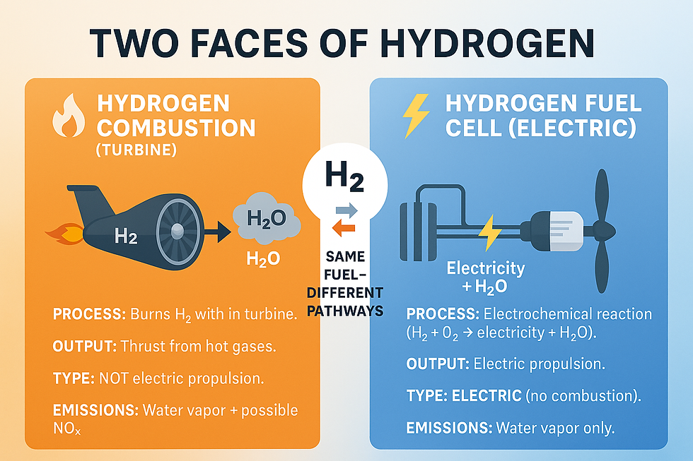 Two methods of hydrogen use: combustion in turbines (orange) vs. fuel cells for electric propulsion (blue), highlighting processes and emissions.