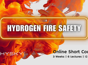 Flames with text "Hydrogen Fire Safety" in bold white. Below, "Online Short Course: 3 Weeks | 6 Lectures | 12 Hours" on a gray background.