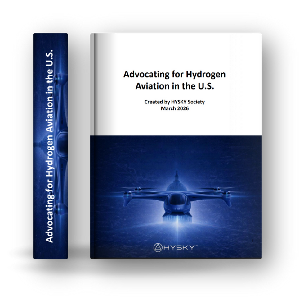 Book cover titled "Advocating for Hydrogen Aviation in the U.S." by HYSKY Society, March 2026. Features blue aircraft design.