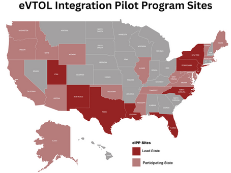 Map showing eVTOL Integration Pilot Program sites. Red states are leads; pink are participants. Text at top reads: eVTOL Integration Pilot Program Sites.