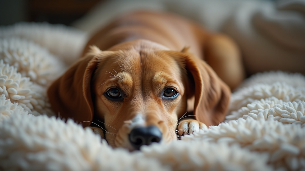 Eye-level view of a dog resting in a cozy bed