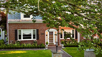 Front of Brick House showing a master landscape design plan designed by Hanley Landscape Design in Newport, RI