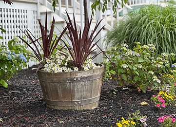 A planter pot with annual flowers, with perrenials in the back, showing a master landscape design plan designed by Hanley Landscape Design in Newport, RI
