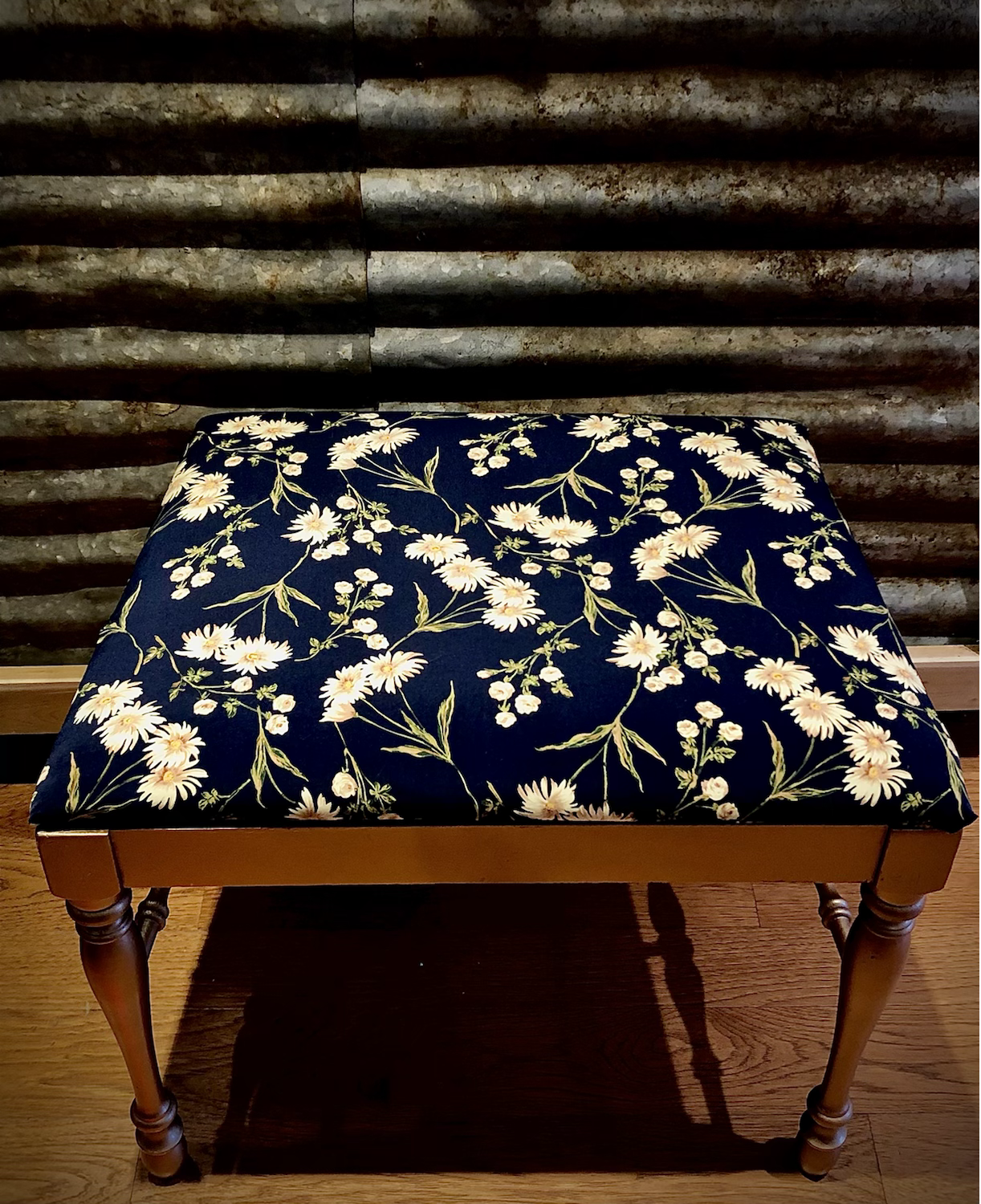 Blue, white and gold flower bench