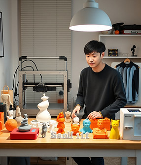 3D printing room at home with 1 Korean actor with casual thin clothings at table of 3D pro
