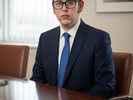 AUTHOR IN BLUE SUIT IN OFFICE