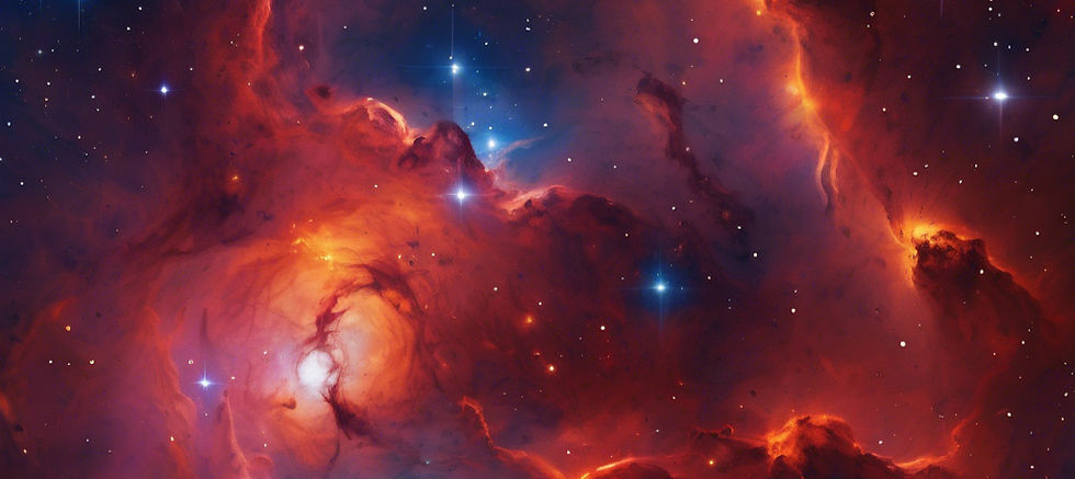 Outer space, with stars and nebulae, dark blue dominant color with hot red and orange high