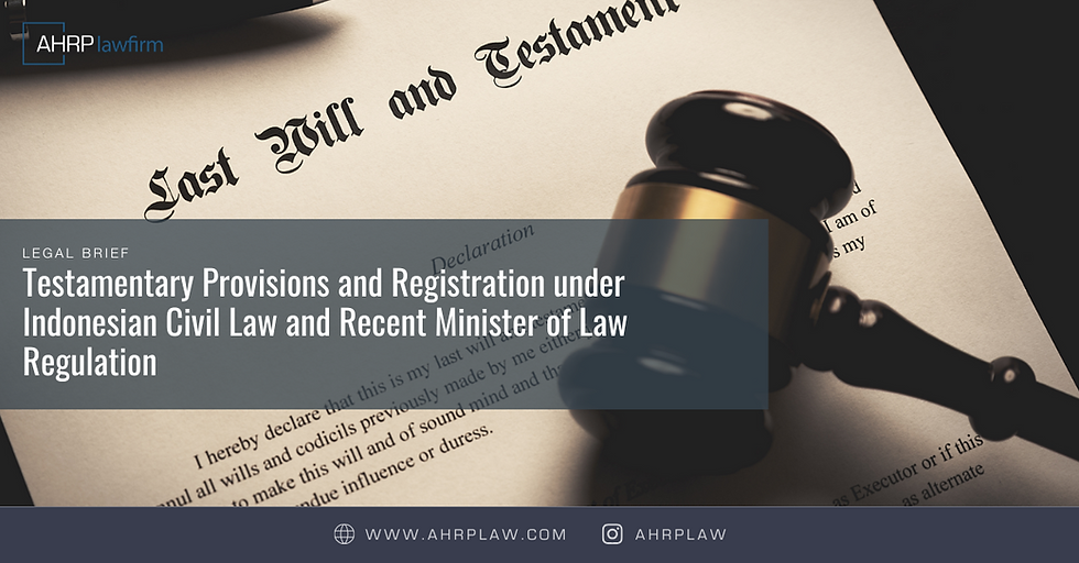 On 28 May 2025, the Ministry of Law and issued Minister of Law Regulation Number 16 of 2025 regarding Reporting of Testament and Application for Issuance of Testament Deed which updates the administrative framework for testament reporting under Indonesian law. While the substantive law on wills remains rooted in the Indonesian Civil Code, this new regulation focuses specifically on the obligation of notaries to report testament deeds to the Testament Registration Center on a monthly basis. It sets out clear procedures, deadlines, and allowable exceptions for late submissions, such as force majeure or the notary’s retirement or transfer. The regulation also introduces formal mechanisms for requesting amendments to previously submitted reports and for applying for the issuance or amendment of a Surat Keterangan Wasiat, a document that has become increasingly crucial in inheritance-related land transfers. By establishing stricter timelines and accountability, such as administrative sanctions for non-compliance and the possibility of civil liability, the regulation enhances transparency and aims to reduce disputes over the validity or existence of wills. This legal brief provides insights into these changes and their implications for notaries, heirs, and legal practitioners alike. Find out more our insights about this topic in our Legal Brief Publication.