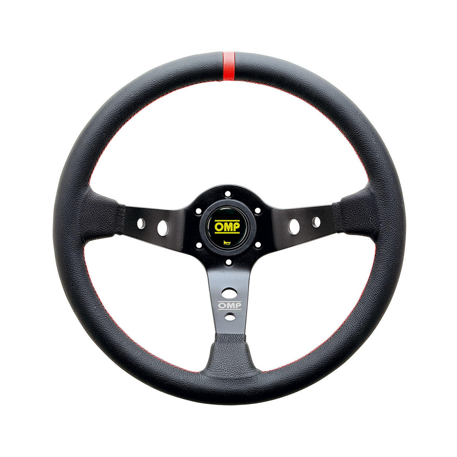 Volante desplazado OMP Corsica brazos negros piel costuras rojas 350mm