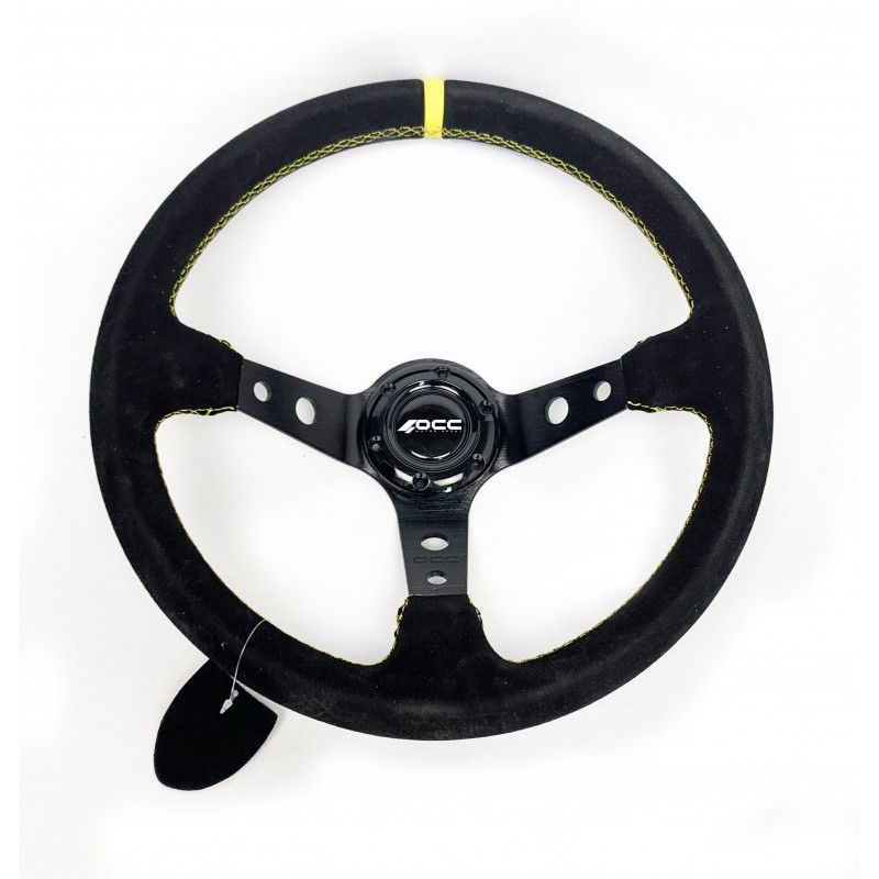 Miniatura: Volante desplazado 90mm piel vuelta brazos negros costura amarilla OCC