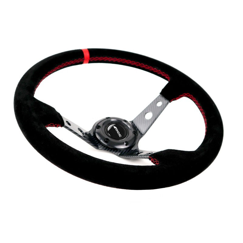 Miniatura: Volante desplazado 90mm piel costura roja brazos efecto carbono OCC
