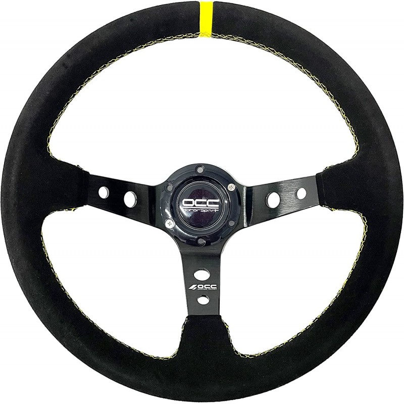 Volante desplazado 90mm piel vuelta brazos negros costura amarilla OCC