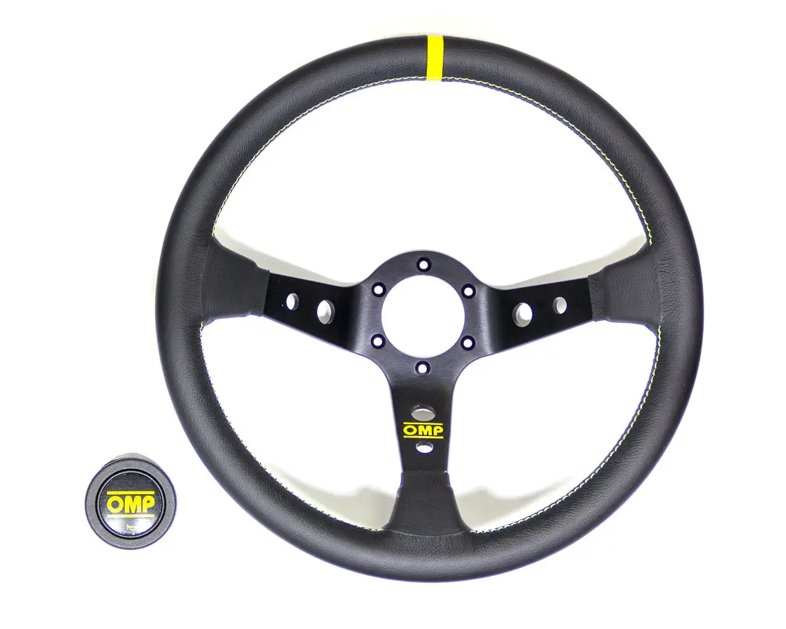 Volante desplazado OMP Corsica brazos negros piel costuras amarillas 350mm