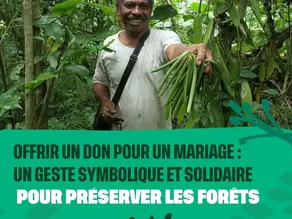 Un producteur de vanille qui tient de la vanille et pour titre : offrir un don pour un mariage : un geste symbolique et solidaire pour préserver les forêts.